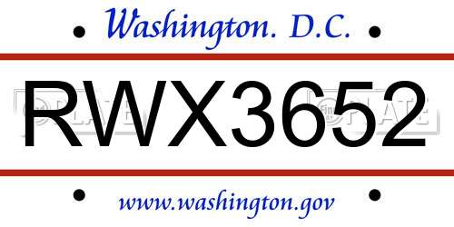 RWX3652 District Of Columbia License Plate
