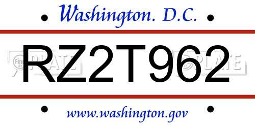 RZ2T962 District Of Columbia License Plate