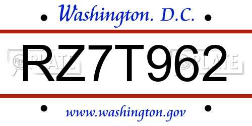 RZ7T962 District Of Columbia License Plate