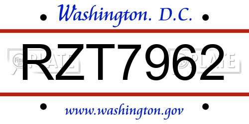 RZT7962 District Of Columbia License Plate