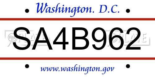 SA4B962 District Of Columbia License Plate