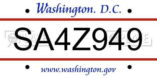 SA4Z949 District Of Columbia License Plate