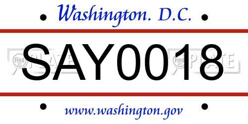SAY0018 District Of Columbia License Plate