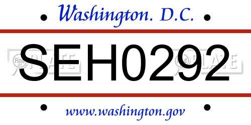 SEH0292 District Of Columbia License Plate