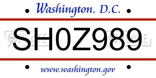 SH0Z989 District Of Columbia License Plate