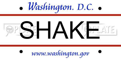 SHAKE District Of Columbia License Plate