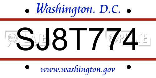 SJ8T774 District Of Columbia License Plate