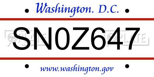 SN0Z647 District Of Columbia License Plate