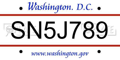 SN5J789 District Of Columbia License Plate