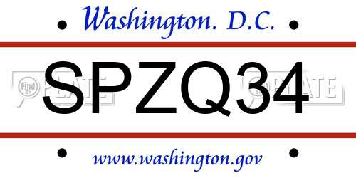 SPZQ34 District Of Columbia License Plate