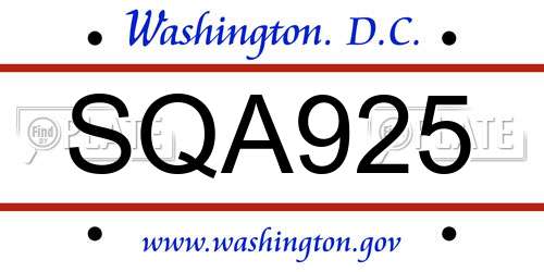 SQA925 District Of Columbia License Plate