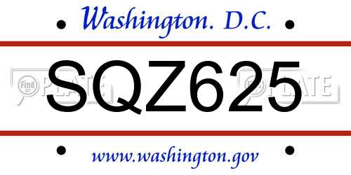 SQZ625 District Of Columbia License Plate