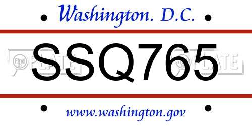 SSQ765 District Of Columbia License Plate