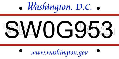 SW0G953 District Of Columbia License Plate