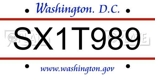 SX1T989 District Of Columbia License Plate