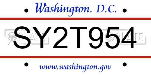 SY2T954 District Of Columbia License Plate