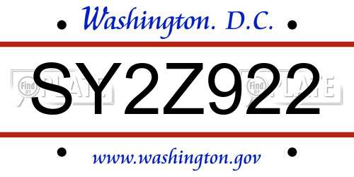 SY2Z922 District Of Columbia License Plate