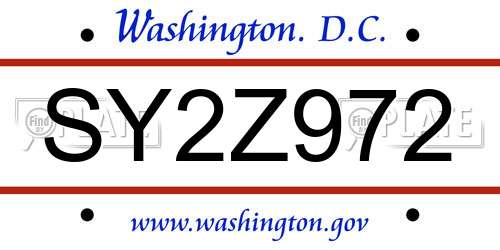 SY2Z972 District Of Columbia License Plate