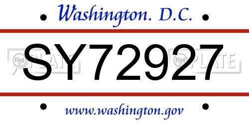 SY72927 District Of Columbia License Plate