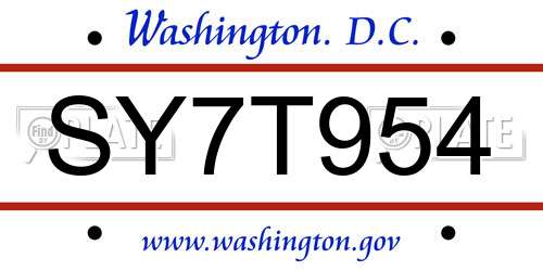 SY7T954 District Of Columbia License Plate