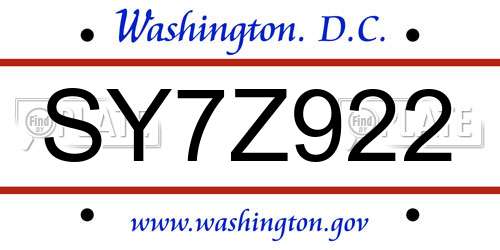 SY7Z922 District Of Columbia License Plate