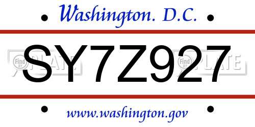 SY7Z927 District Of Columbia License Plate