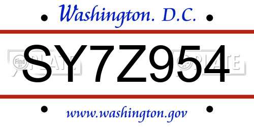 SY7Z954 District Of Columbia License Plate