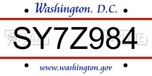 SY7Z984 District Of Columbia License Plate