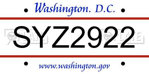SYZ2922 District Of Columbia License Plate