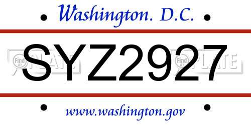 SYZ2927 District Of Columbia License Plate