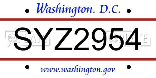 SYZ2954 District Of Columbia License Plate