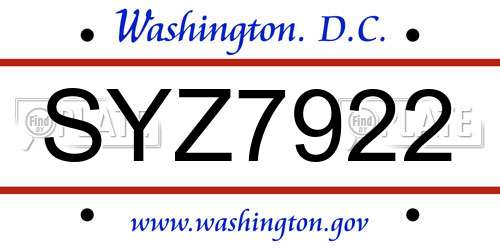 SYZ7922 District Of Columbia License Plate