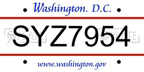 SYZ7954 District Of Columbia License Plate