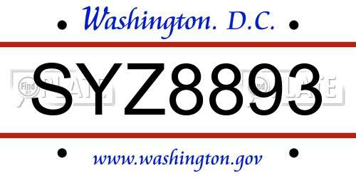 SYZ8893 District Of Columbia License Plate