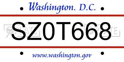 SZ0T668 District Of Columbia License Plate