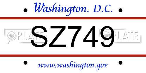 SZ749 District Of Columbia License Plate