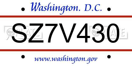 SZ7V430 District Of Columbia License Plate