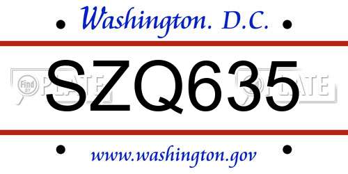 SZQ635 District Of Columbia License Plate