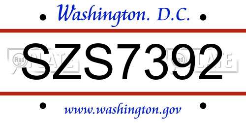 SZS7392 District Of Columbia License Plate