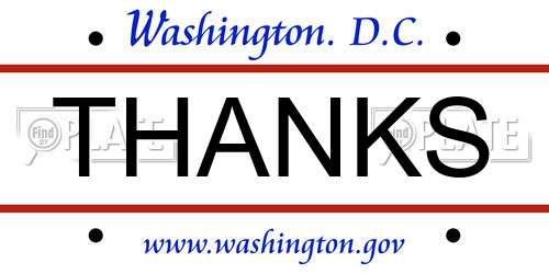 THANKS District Of Columbia License Plate