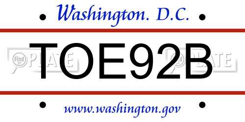 TOE92B District Of Columbia License Plate