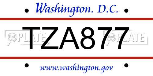 TZA877 District Of Columbia License Plate