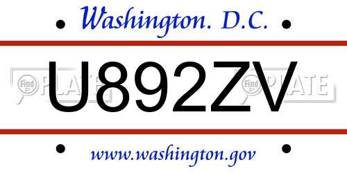 U892ZV District Of Columbia License Plate