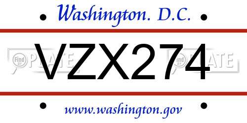 VZX274 District Of Columbia License Plate