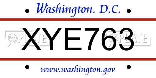 XYE763 District Of Columbia License Plate
