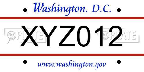 XYZ012 District Of Columbia License Plate