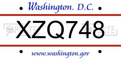 XZQ748 District Of Columbia License Plate