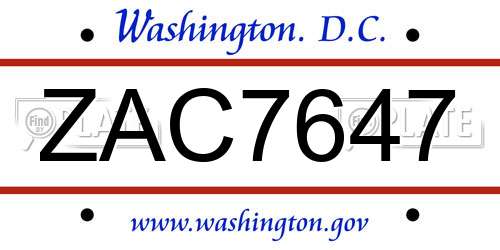 ZAC7647 District Of Columbia License Plate