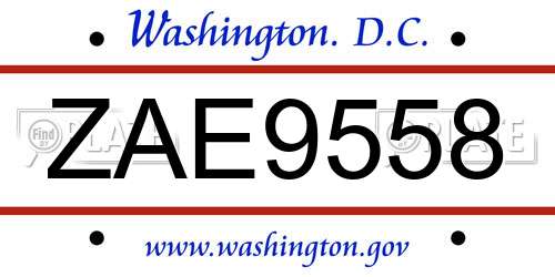 ZAE9558 District Of Columbia License Plate