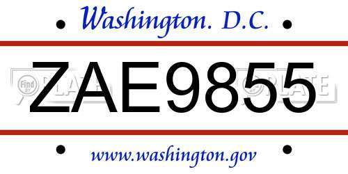 ZAE9855 District Of Columbia License Plate